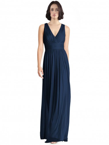 Achat Bleu marine foncé Trapèze Col V Mousseline Longue Robes demoiselle d'honneur