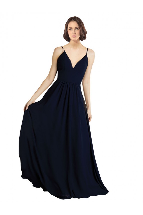 Achat Bleu marine foncé Trapèze Col V Mousseline Longue Robes demoiselle d'honneur