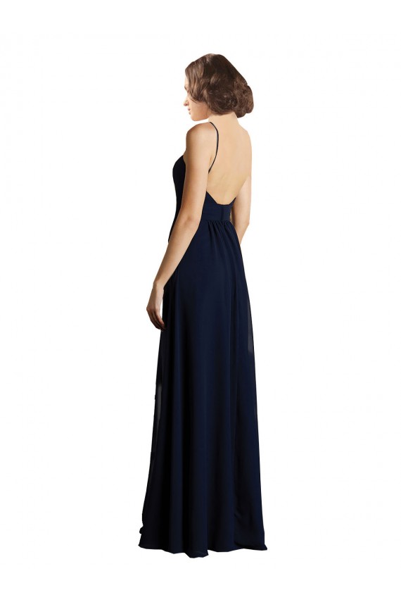 Achat Bleu marine foncé Trapèze Col V Mousseline Longue Robes demoiselle d'honneur