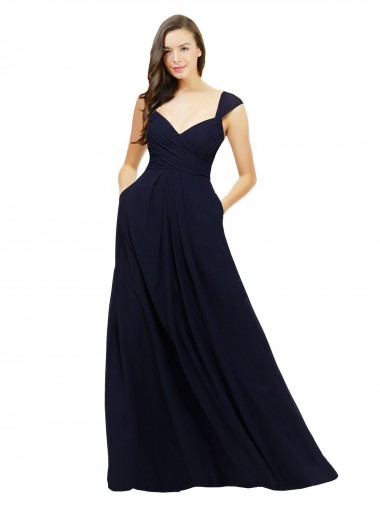 Achat Bleu marine foncé Trapèze Col V Mousseline Longue Robes demoiselle d'honneur