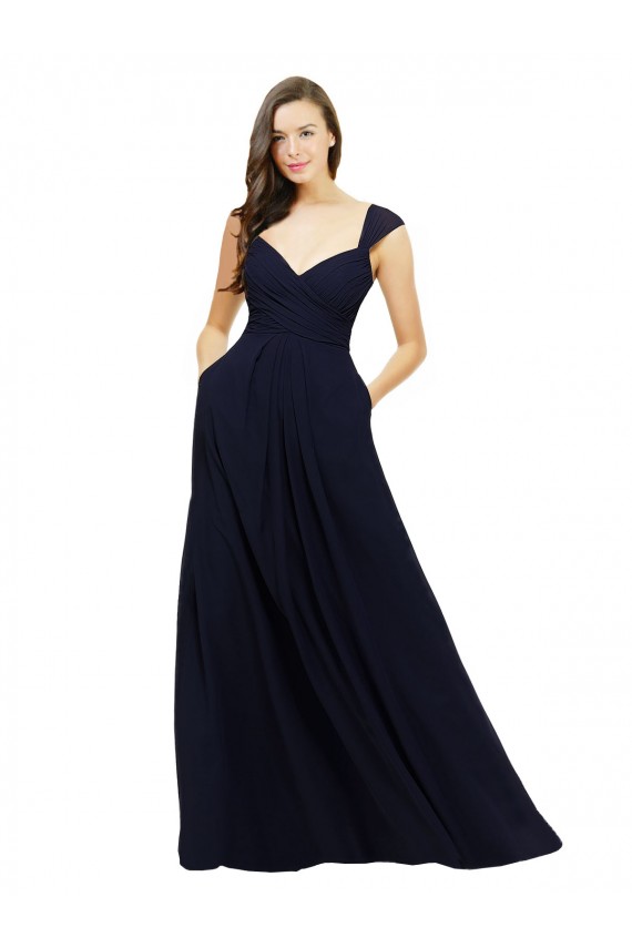 Achat Bleu marine foncé Trapèze Col V Mousseline Longue Robes demoiselle d'honneur