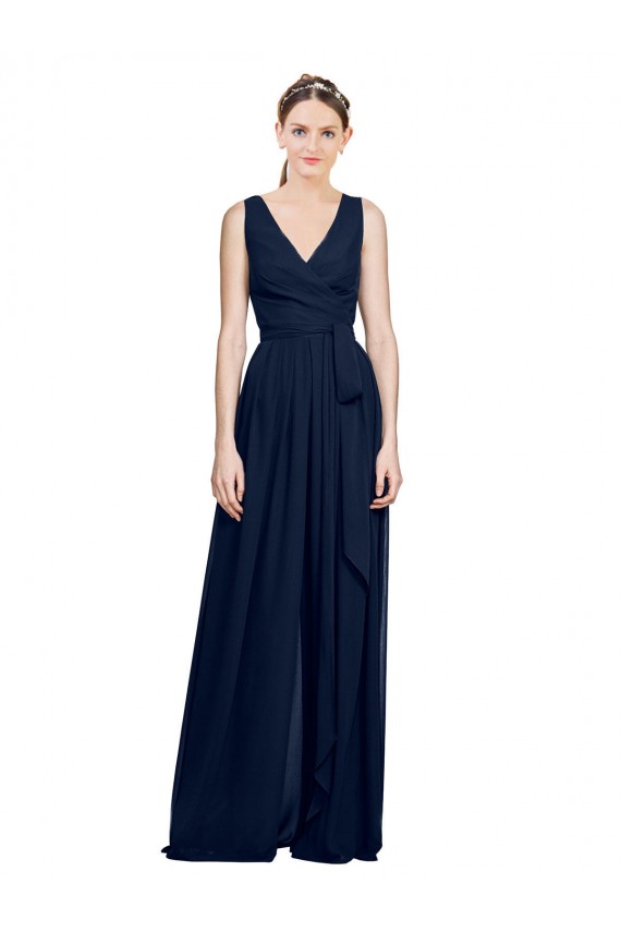 Achat Bleu marine foncé Trapèze Col V Mousseline Longue Robes demoiselle d'honneur