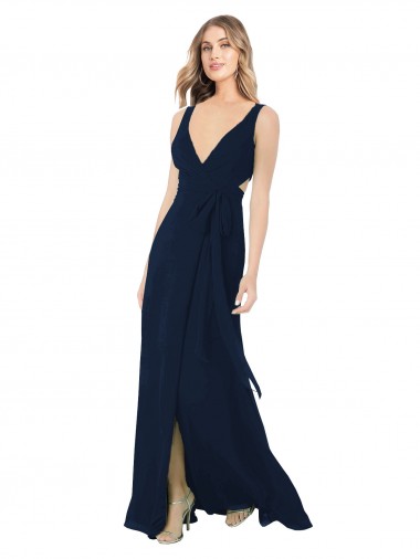 Achat Bleu marine foncé Trapèze Col V Mousseline Longue Robes demoiselle d'honneur