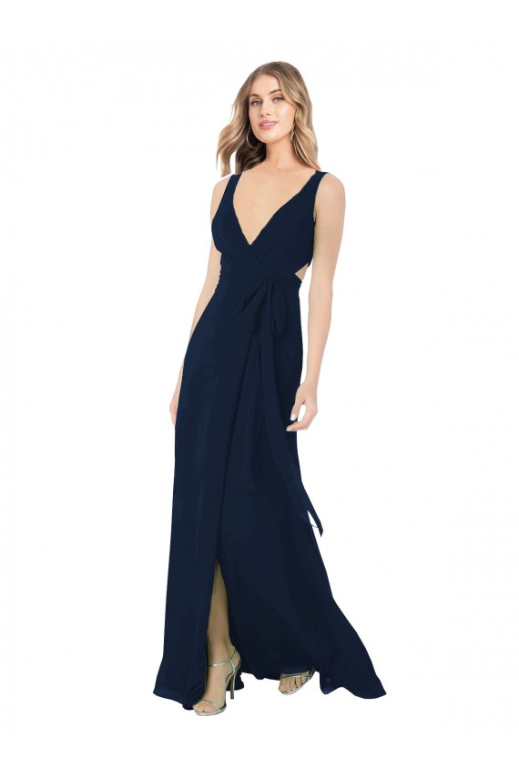 Achat Bleu marine foncé Trapèze Col V Mousseline Longue Robes demoiselle d'honneur