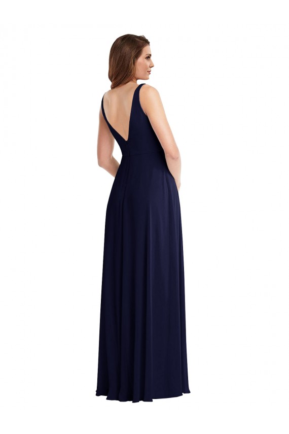 Achat Bleu marine foncé Trapèze Col V Mousseline Longue Robes demoiselle d'honneur