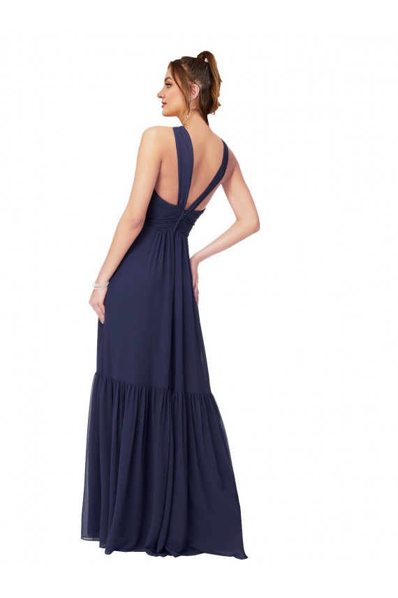Achat Bleu marine foncé Trapèze Col V Mousseline Longue Robes demoiselle d'honneur