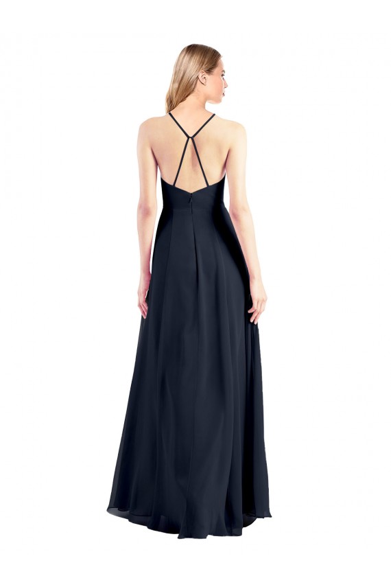 Achat Bleu marine foncé Trapèze Col V Mousseline Longue Robes demoiselle d'honneur / Robes de bal