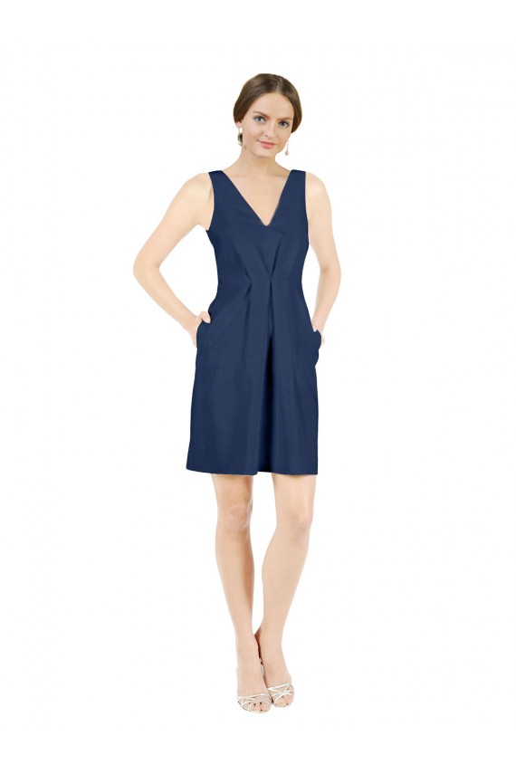 Achat Bleu marine foncé Trapèze Col V Satiné Courte Robes demoiselle d'honneur / Robes de cocktail