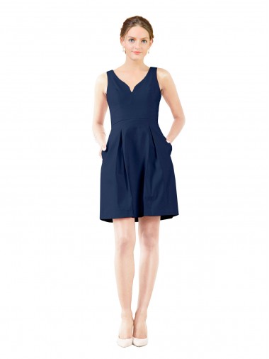 Achat Bleu marine foncé Trapèze Col V Satiné Courte Robes demoiselle d'honneur / Robes de cocktail