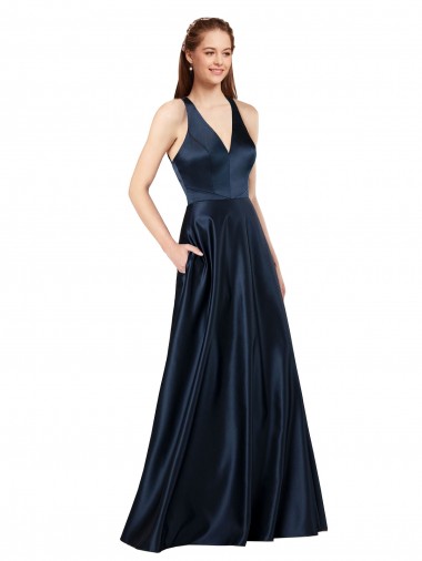 Achat Bleu marine foncé Trapèze Col V Satiné Longue Formelles Robes demoiselle d'honneur / Robes de soirée / Robes de bal