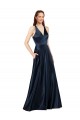 Achat Bleu marine foncé Trapèze Col V Satiné Longue Formelles Robes demoiselle d'honneur / Robes de soirée / Robes de bal