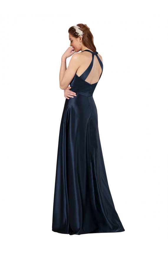 Achat Bleu marine foncé Trapèze Col V Satiné Longue Formelles Robes demoiselle d'honneur / Robes de soirée / Robes de bal