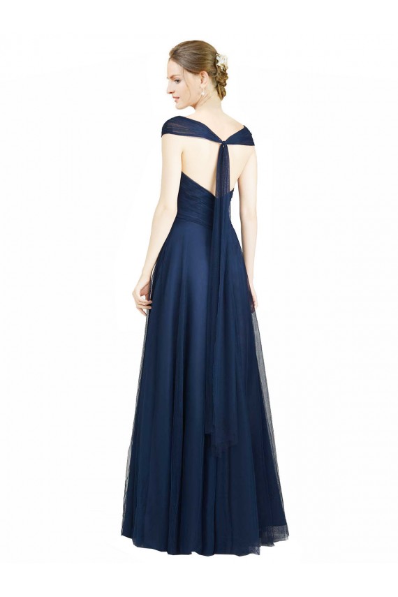 Achat Bleu marine foncé Trapèze Col V Tulle Longue Robes demoiselle d'honneur