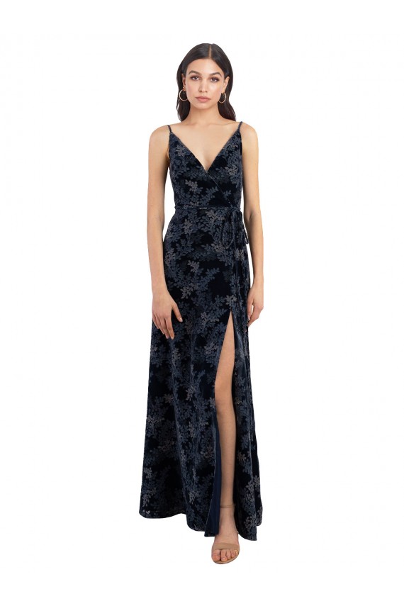 Achat Bleu marine foncé Trapèze Col V Velours Floral Velours Stretch Longue Robes demoiselle d'honneur