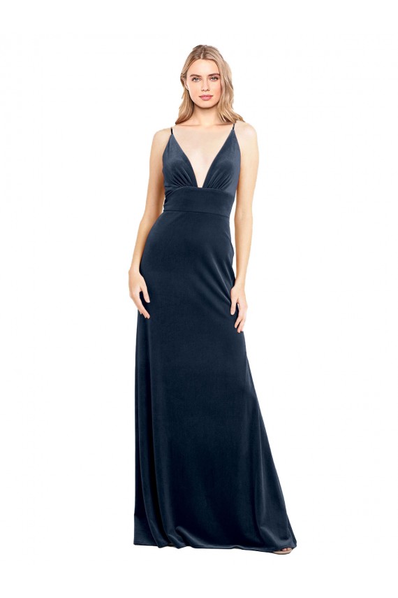 Achat Bleu marine foncé Trapèze Col V Velours Stretch Longue Robes demoiselle d'honneur / Robes de bal