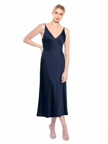Achat Bleu marine foncé Trapèze Col V midi Satiné Stretch Courte Robes demoiselle d'honneur / Robes de soirée / Robes de cocktail