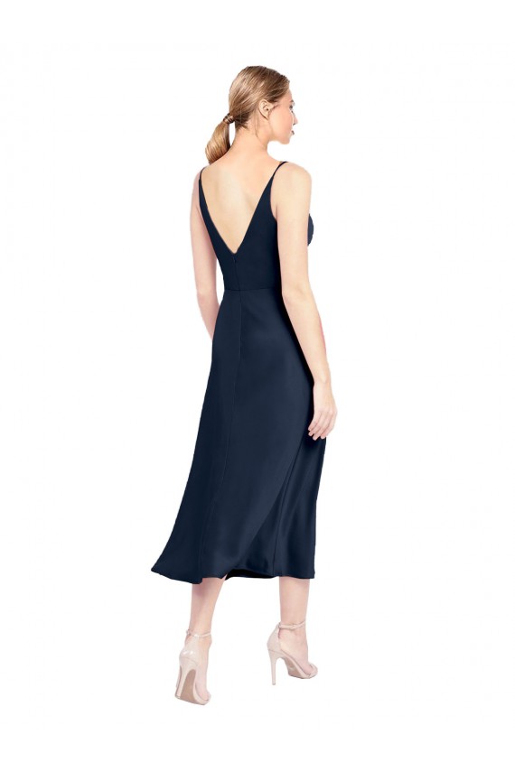 Achat Bleu marine foncé Trapèze Col V midi Satiné Stretch Courte Robes demoiselle d'honneur / Robes de soirée / Robes de cocktail