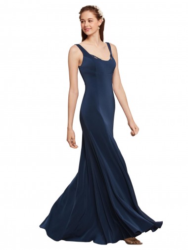 Achat Bleu marine foncé Trapèze Col rond Crêpe Stretch Longue Formelles Robes demoiselle d'honneur / Robes de soirée / Robes de bal