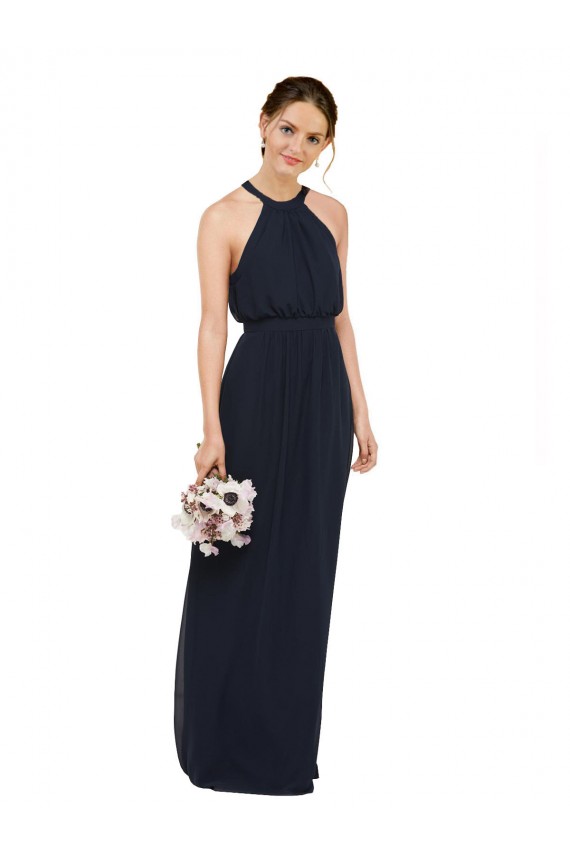 Achat Bleu marine foncé Trapèze Licou Col Haut Mousseline Longue Robes demoiselle d'honneur