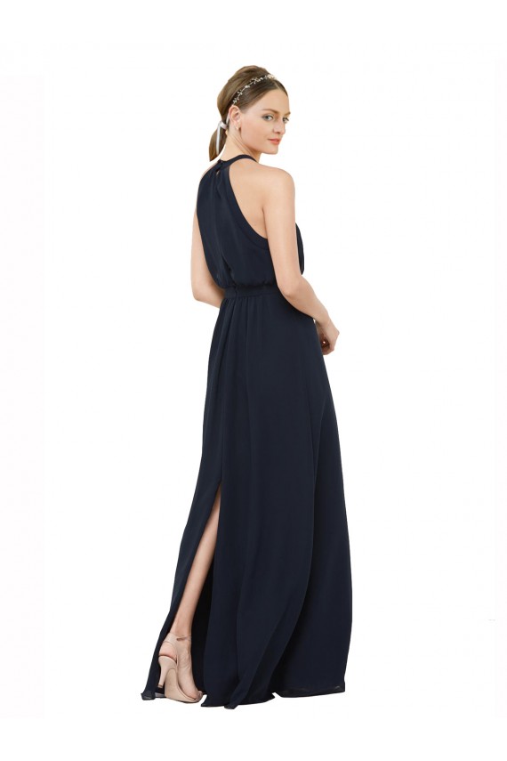 Achat Bleu marine foncé Trapèze Licou Col Haut Mousseline Longue Robes demoiselle d'honneur