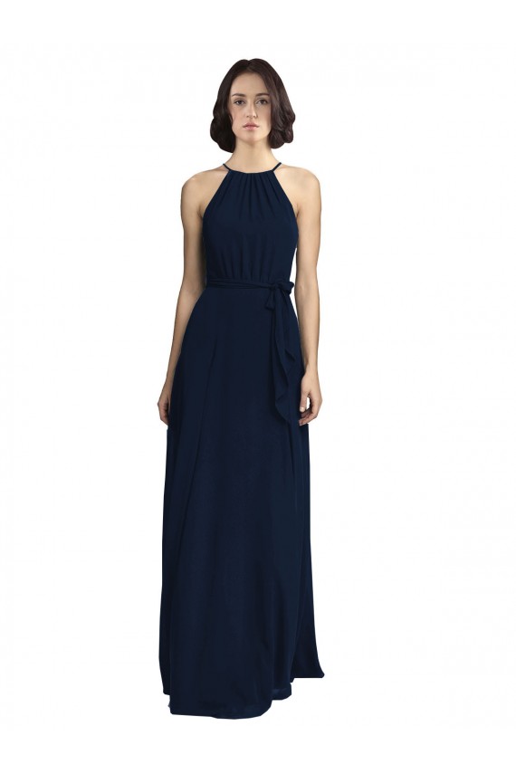 Achat Bleu marine foncé Trapèze Licou Col Haut Mousseline Longue Robes demoiselle d'honneur