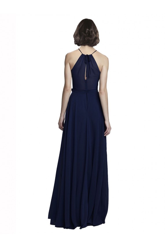 Achat Bleu marine foncé Trapèze Licou Col Haut Mousseline Longue Robes demoiselle d'honneur
