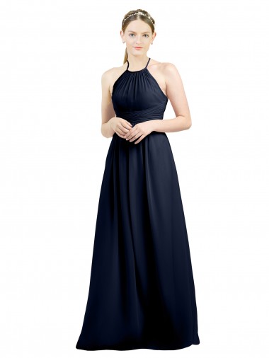 Achat Bleu marine foncé Trapèze Licou Col Haut Mousseline Longue Robes demoiselle d'honneur