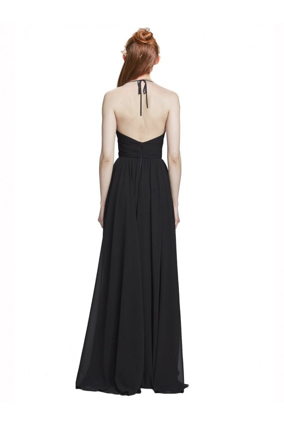 Achat Bleu marine foncé Trapèze Licou Col V Mousseline Longue Robes demoiselle d'honneur