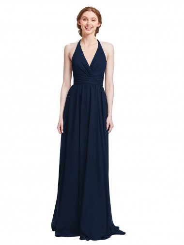 Achat Bleu marine foncé Trapèze Licou Col V Mousseline Longue Robes demoiselle d'honneur