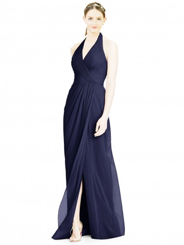 Achat Bleu marine foncé Trapèze Licou Col V Mousseline Longue Robes demoiselle d'honneur