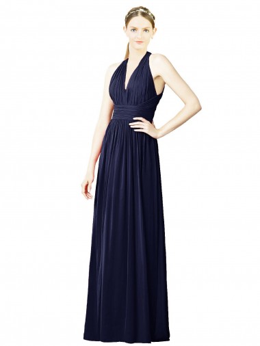 Achat Bleu marine foncé Trapèze Licou Col V Mousseline Longue Robes demoiselle d'honneur