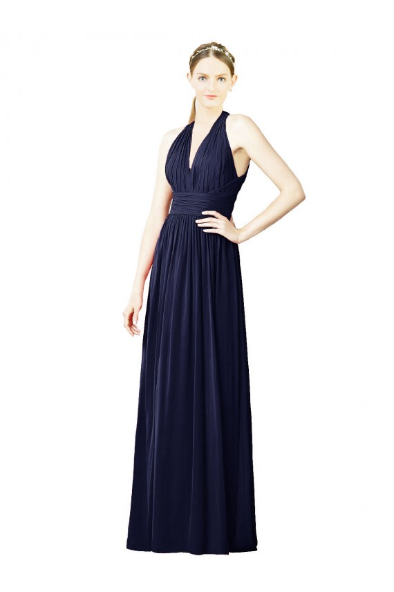 Achat Bleu marine foncé Trapèze Licou Col V Mousseline Longue Robes demoiselle d'honneur