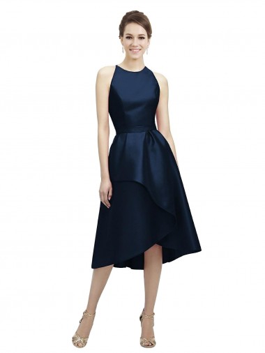 Achat Bleu marine foncé Trapèze Licou Col bijou Satiné Courte Asymétrique Robes demoiselle d'honneur