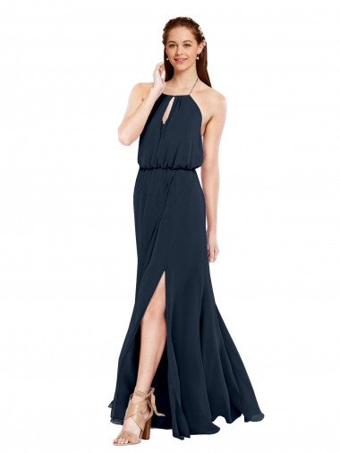 Achat Bleu marine foncé Trapèze Licou Mousseline Longue Robes demoiselle d'honneur