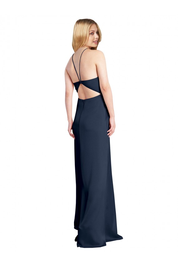 Achat Bleu marine foncé Trapèze Licou Satiné Stretch Longue Formelles Robes demoiselle d'honneur / Robes de soirée / Robes de bal
