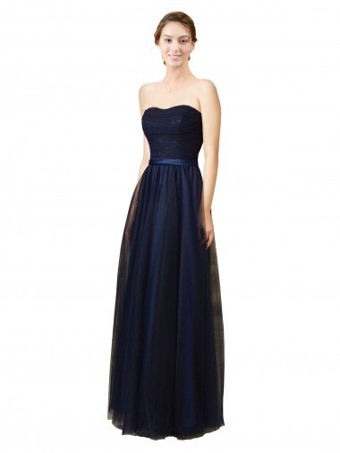 Achat Bleu marine foncé Trapèze Sans bretelle Tulle Longue Robes demoiselle d'honneur
