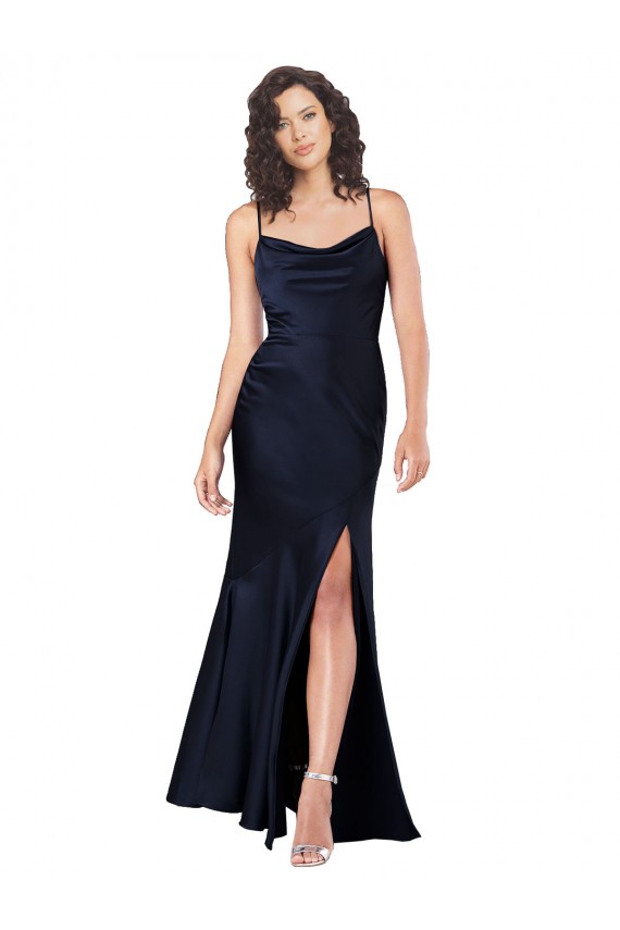 Achat Bleu marine foncé Trapèze Satiné Soyeux Longue Formelles Robes demoiselle d'honneur / Robes de soirée / Robes de bal
