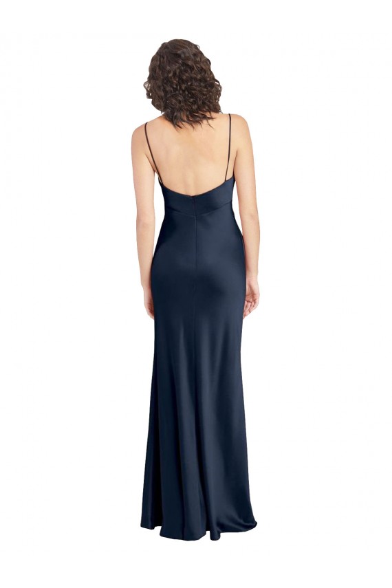 Achat Bleu marine foncé Trapèze Satiné Stretch Longue Formelles Robes demoiselle d'honneur / Robes de soirée / Robes de bal