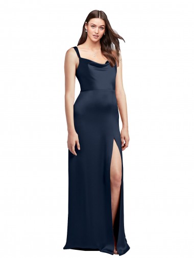 Achat Bleu marine foncé Trapèze Satiné Stretch Longue Formelles Robes demoiselle d'honneur / Robes de soirée / Robes de bal
