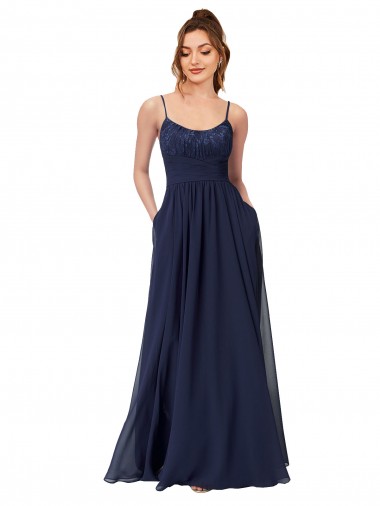 Achat Bleu marine foncé Trapèze Scoop Mousseline Dentelle Longue Robes demoiselle d'honneur