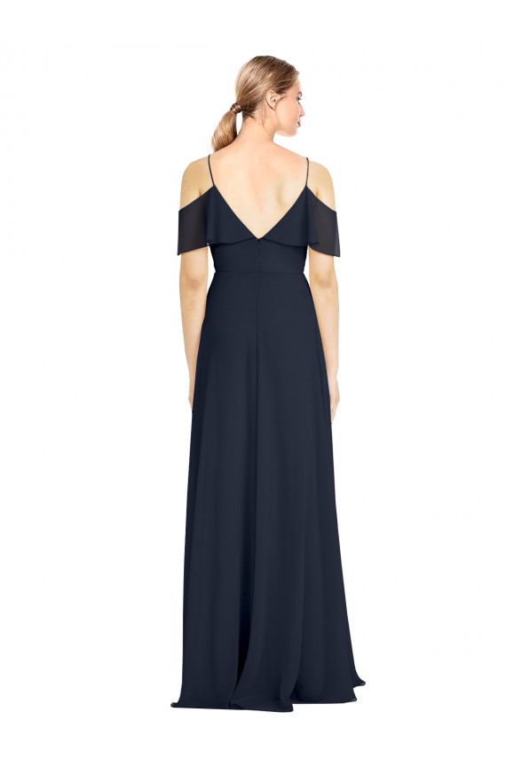 Achat Bleu marine foncé Trapèze Épaule Dénudée Bretelles spaghetti Mousseline Longue Robes demoiselle d'honneur