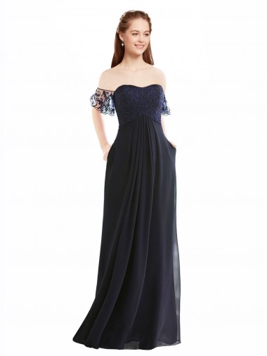 Achat Bleu marine foncé Trapèze Épaule Dénudée Col V Mousseline Dentelle Longue Robes demoiselle d'honneur