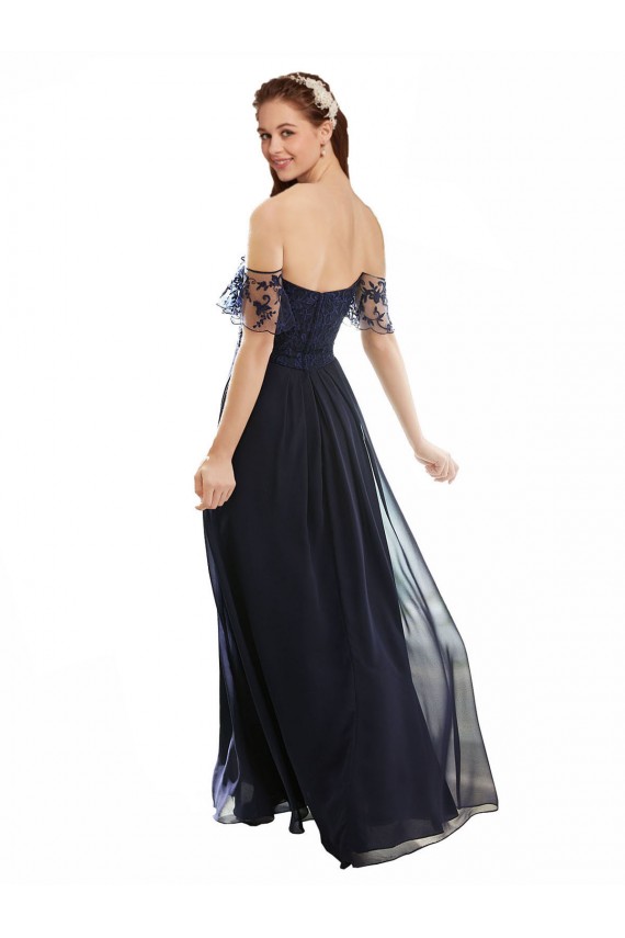 Achat Bleu marine foncé Trapèze Épaule Dénudée Col V Mousseline Dentelle Longue Robes demoiselle d'honneur