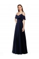 Achat Bleu marine foncé Trapèze Épaule Dénudée Col V Mousseline Longue Robes demoiselle d'honneur