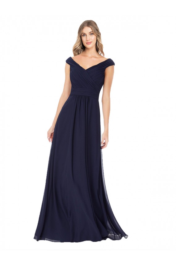 Achat Bleu marine foncé Trapèze Épaule Dénudée Mousseline Longue Robes demoiselle d'honneur