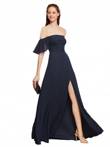 Achat Bleu marine foncé Trapèze Épaule Dénudée Mousseline Longue Robes demoiselle d'honneur / Robes de bal