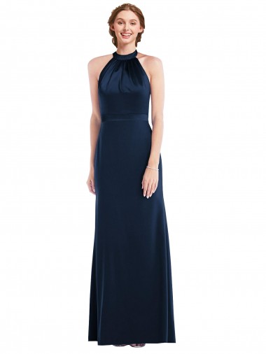 Achat Bleu marine foncé Trompette Col Haut Crêpe Stretch Longue Robes demoiselle d'honneur / Robes de bal