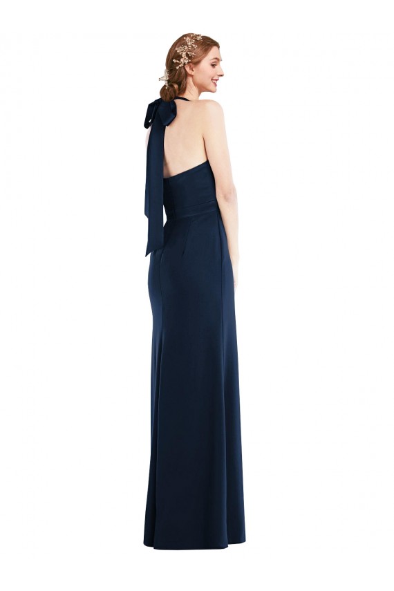 Achat Bleu marine foncé Trompette Col Haut Crêpe Stretch Longue Robes demoiselle d'honneur / Robes de bal