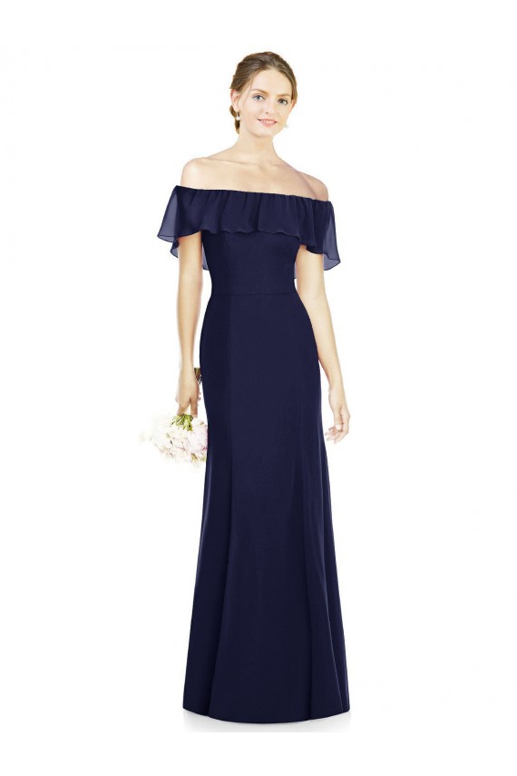 Achat Bleu marine foncé Trompette Épaule Dénudée Mousseline Longue Robes demoiselle d'honneur