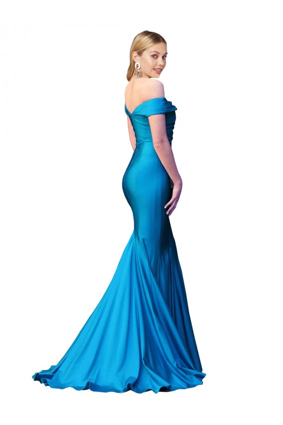 Achat Bleu paon Sirène Épaule Dénudée Satiné Longue Formelles Robes demoiselle d'honneur / Robes de soirée / Robes de bal
